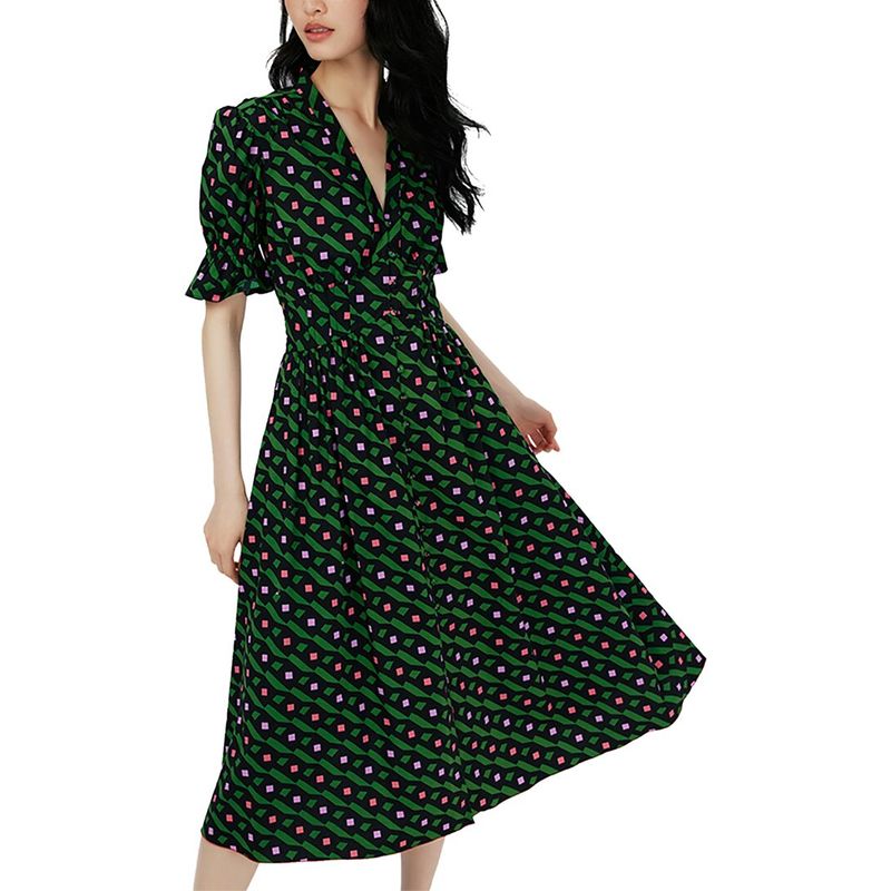 Diane Von Furstenberg Green And Black Midi Dress With Pink Accents